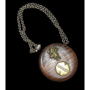 Vintage Novelty Automobile Wood And Metal Pendant Necklace